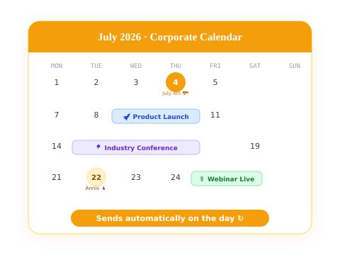 July 2026 corporate calendar displaying scheduled events including a product launch, industry conference, and webinar
