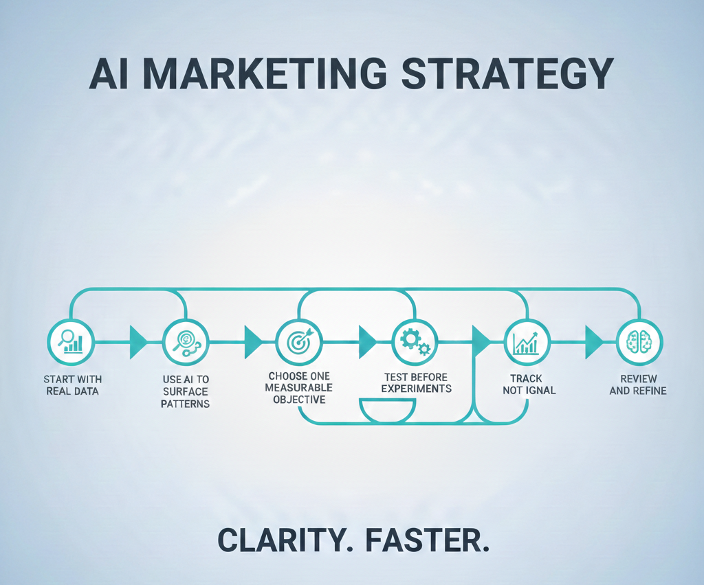 Diagram illustrating an AI marketing strategy workflow, starting with real data and culminating in review