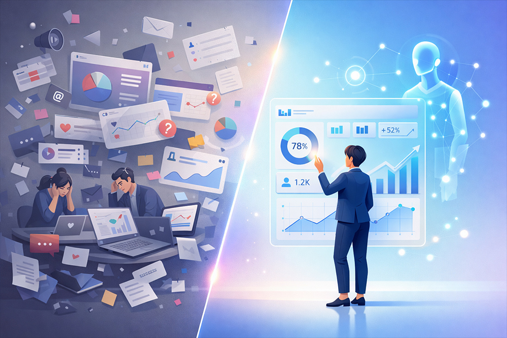 Illustration depicting a chaotic marketing environment transitioning to streamlined AI-powered insights, showcasing ekko’s ability