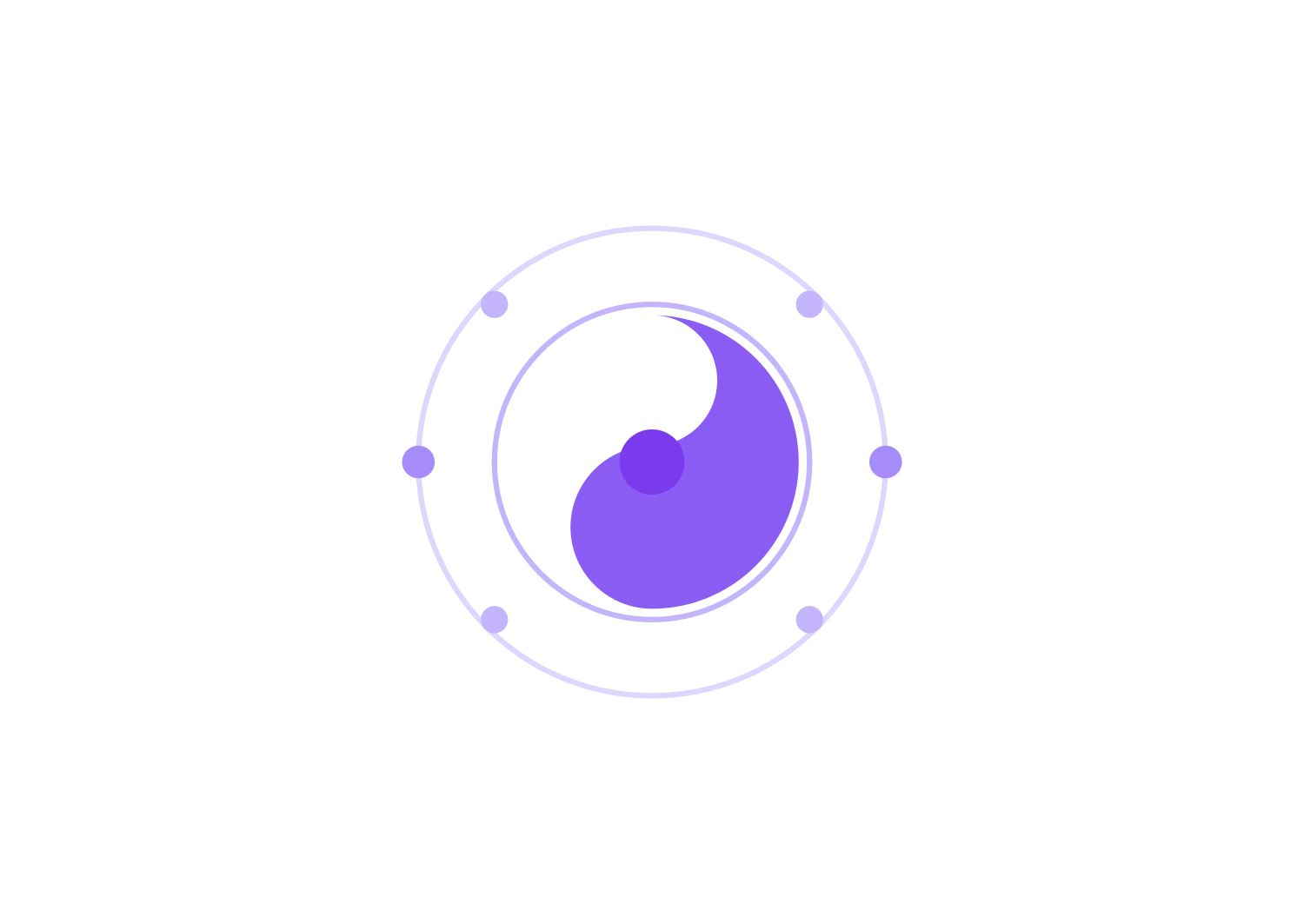 Abstract graphic depicting a stylized yin and yang symbol in purple and white, representing ekko’s