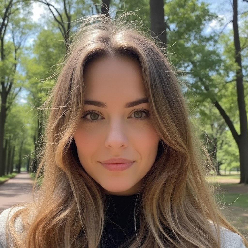 Woman's portrait in a park setting, illustrating a relatable and authentic voice for AI-generated LinkedIn