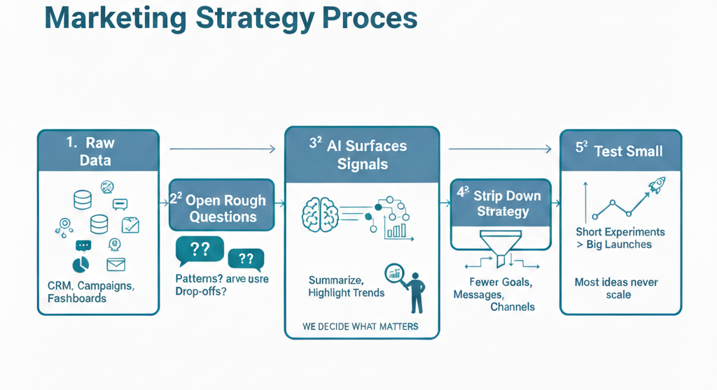 Diagram illustrating ekko's AI-powered LinkedIn content strategy process, from raw data and open questions