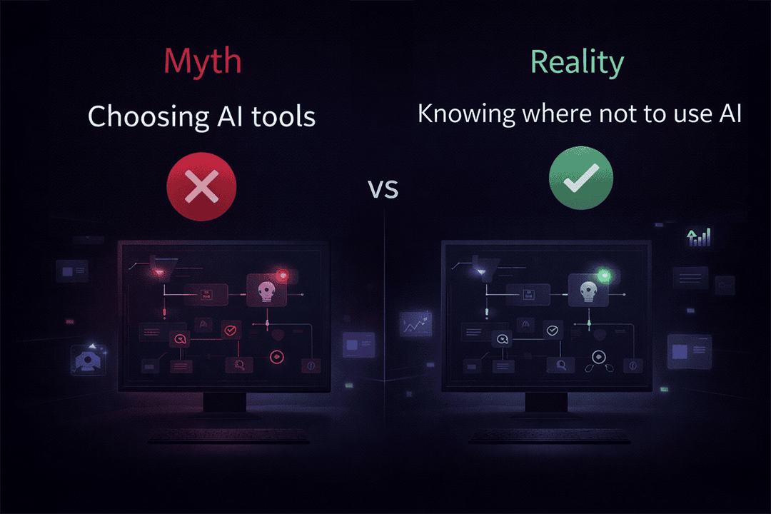 Visual comparison illustrating the myth versus reality of AI strategy, highlighting that choosing AI tools