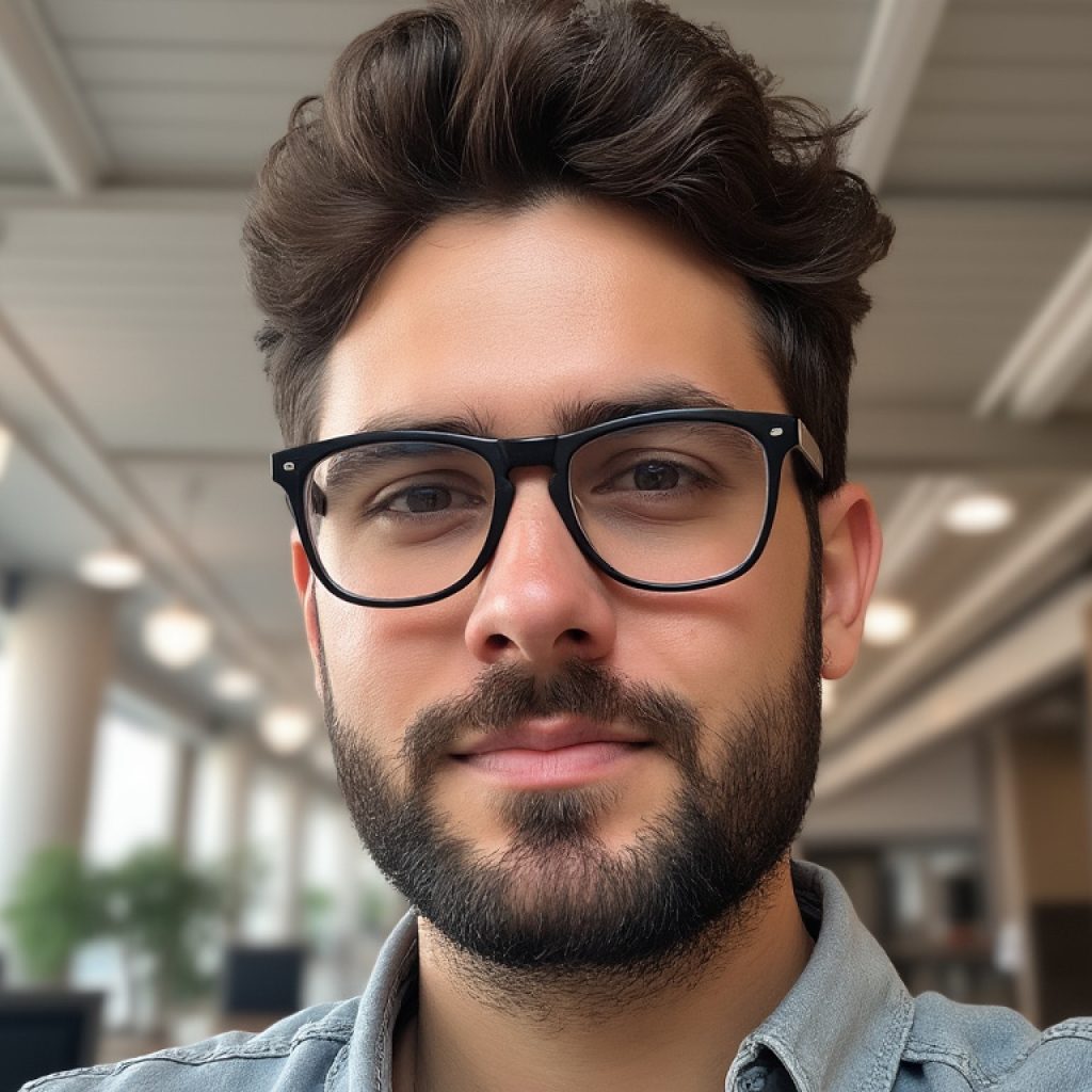 Man wearing glasses and a denim shirt, representing authentic voice development for AI-generated LinkedIn content