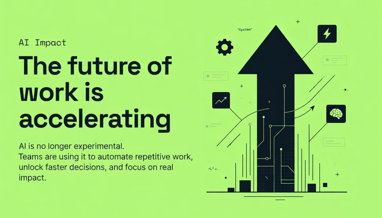 Infographic illustrating the accelerating future of work powered by AI, showing an upward arrow