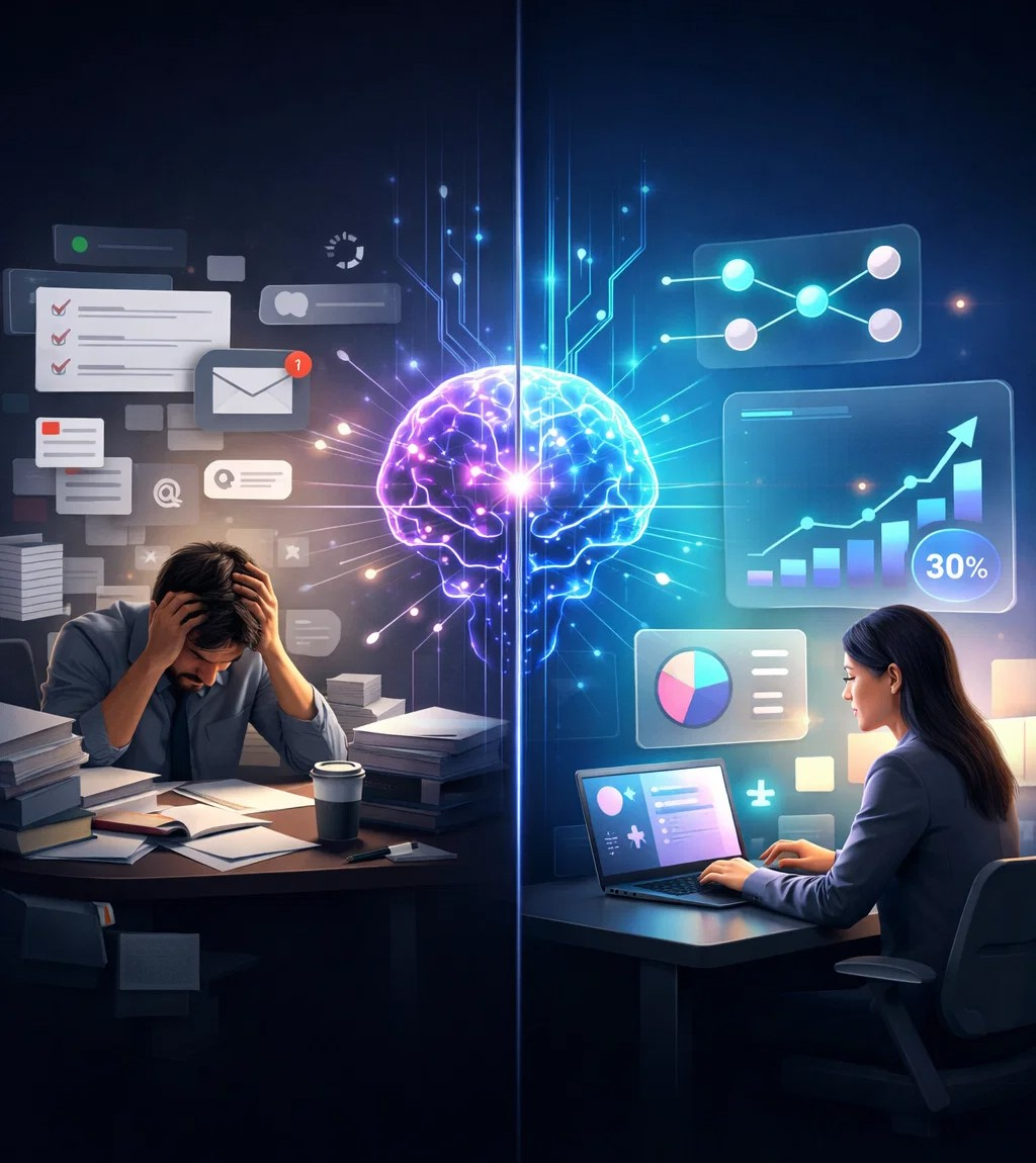 AI productivity illustration showing a stressed professional contrasted with a focused colleague, highlighting a 30%