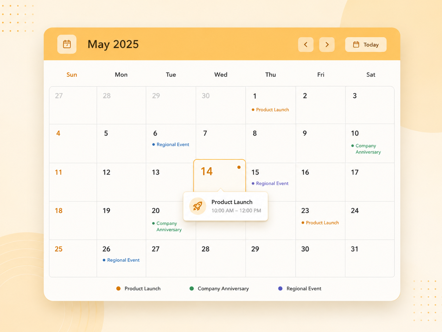 May 2025 calendar view highlighting product launch and regional event dates, illustrating ekko's automated scheduling