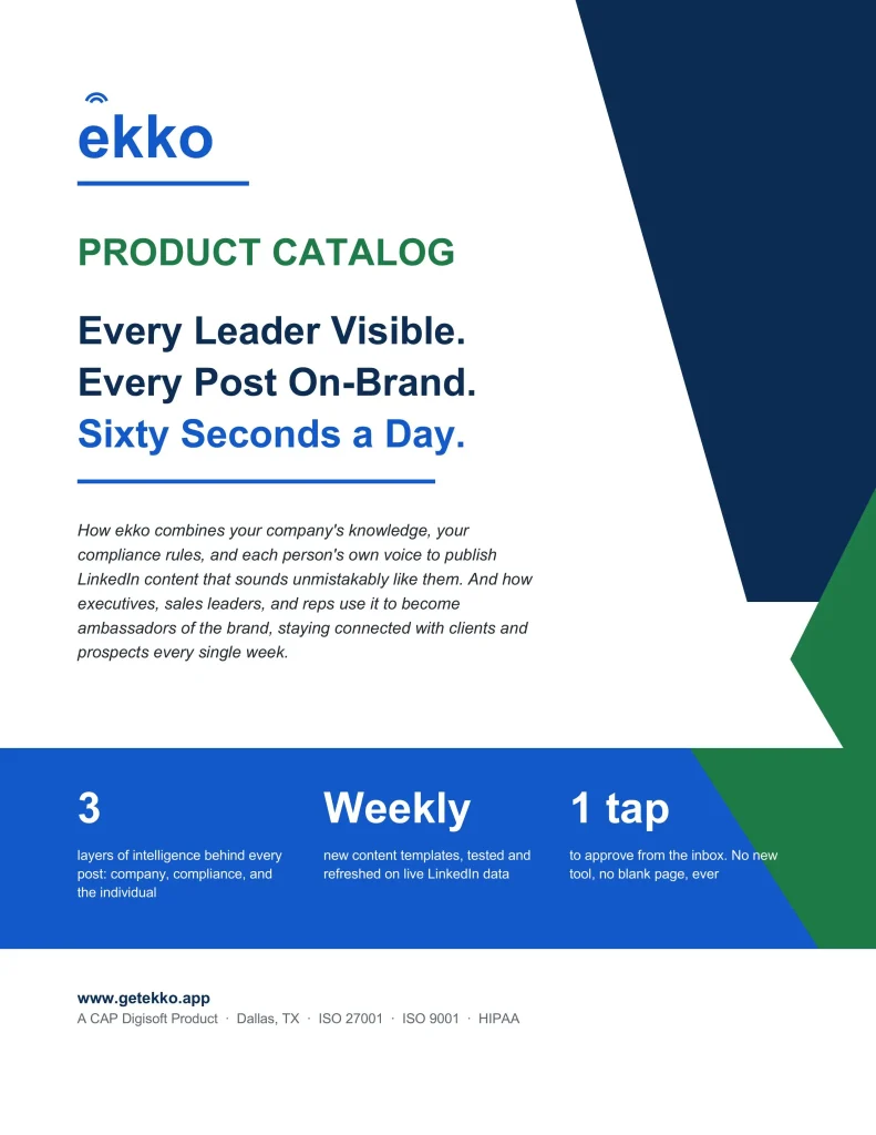 Ekko AI-powered LinkedIn content product catalog showcasing how the platform enables visible sales teams