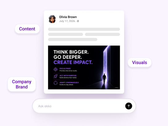 Ekko AI LinkedIn post generator interface displaying a drafted post with a visually engaging image