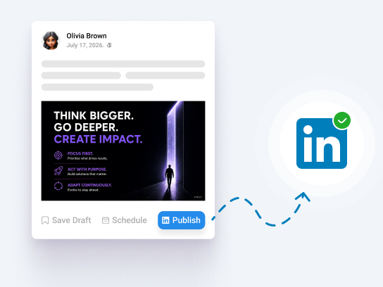 ekko interface showing a drafted LinkedIn post with a "Publish" button and LinkedIn logo, illustrating