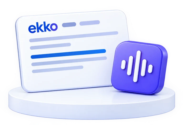 ekko AI platform interface displayed on a white podium, showcasing the brand logo