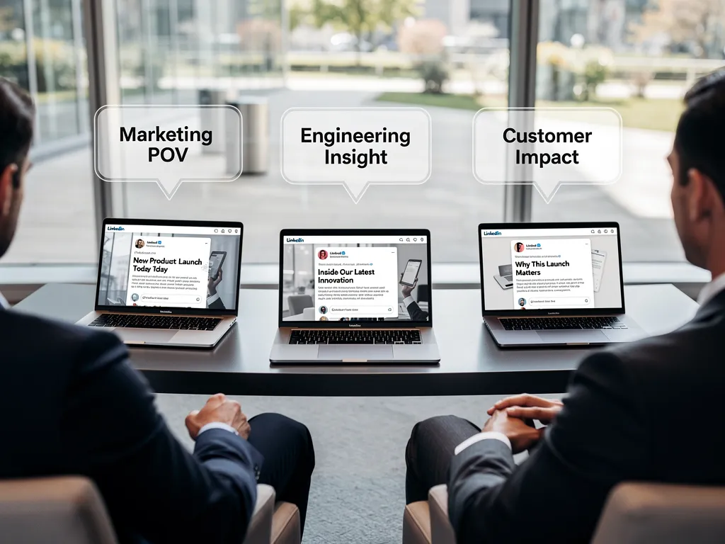CEO, sales leader, and CTO each posting about a product launch