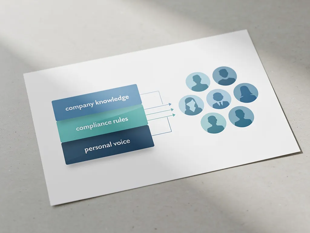 Layered system showing company knowledge, compliance, and personal voice