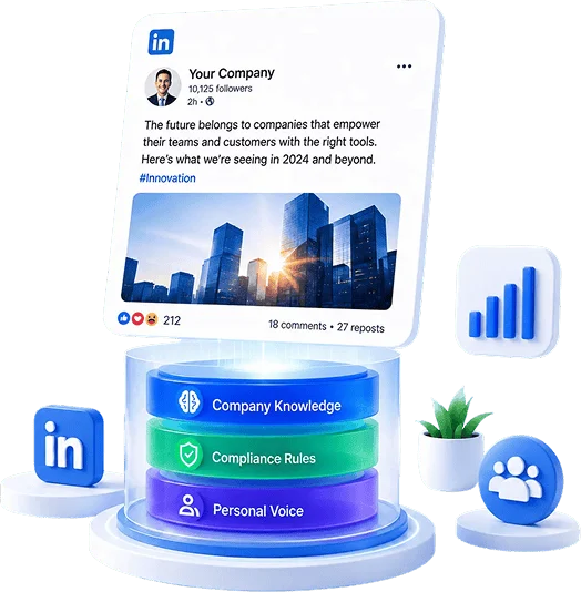 AI-generated LinkedIn post mockup showcasing company knowledge, compliance rules, and personal voice integration, illustrating ekko’s